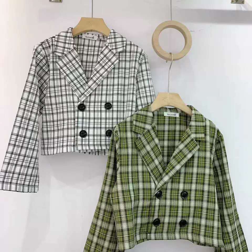 Áo Khoác Blazer Dáng Ngắn Họa Tiết Sọc Caro Thời Trang Hàn Quốc