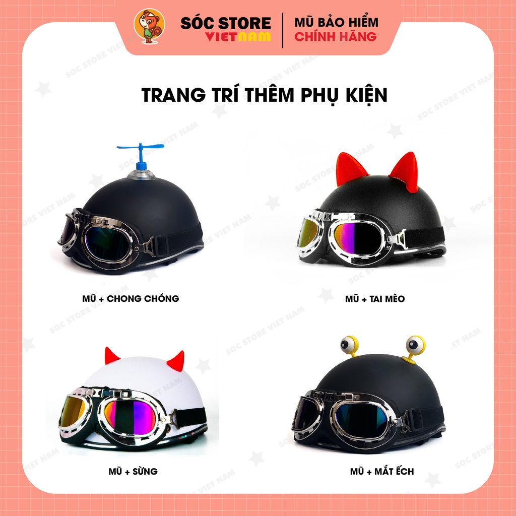 Mũ bảo hiểm nửa đầu kèm kính phi công chính hãng Sóc Store VN nhiều màu