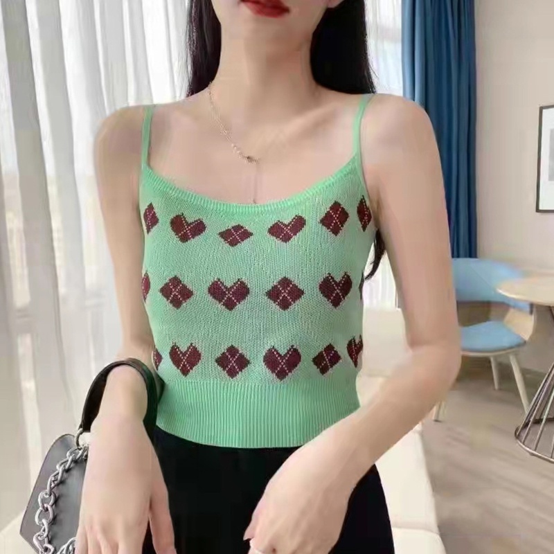 Brroa Áo Croptop Dệt Kim Hai Dây Không Tay Họa Tiết Trái Tim Kim Cương Tương Phản Cổ Điển Mùa Hè Cho Nữ