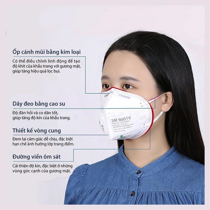 Khẩu Trang 3M 9001, 3M 9001V, 9002 Hàng Chất Lượng, Dây Đeo Mềm, Có gọng Mũi Lọc Bụi Mịn PM2.5