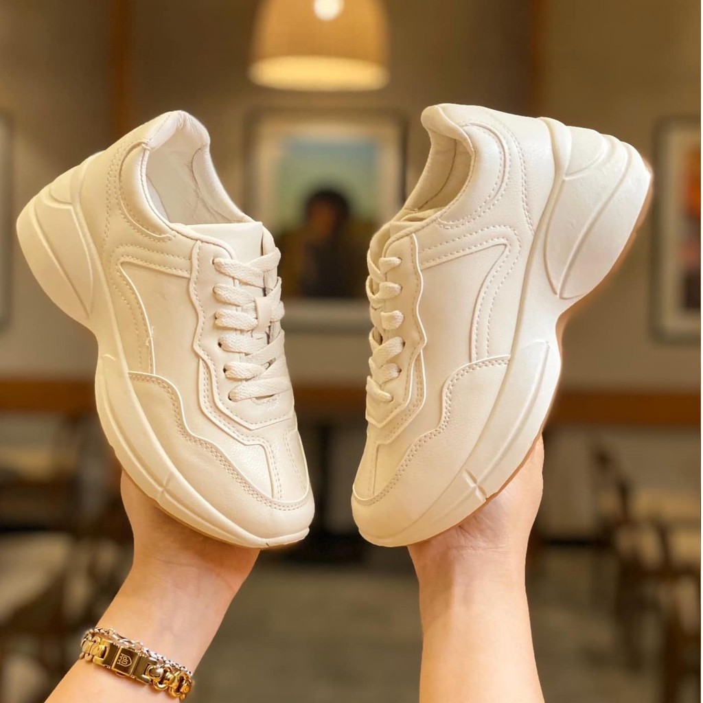 Giày Sneakers Nữ Da Mềm Độn Đế Tăng Chiều Cao 5cm Trắng Kem G19 | BigBuy360 - bigbuy360.vn