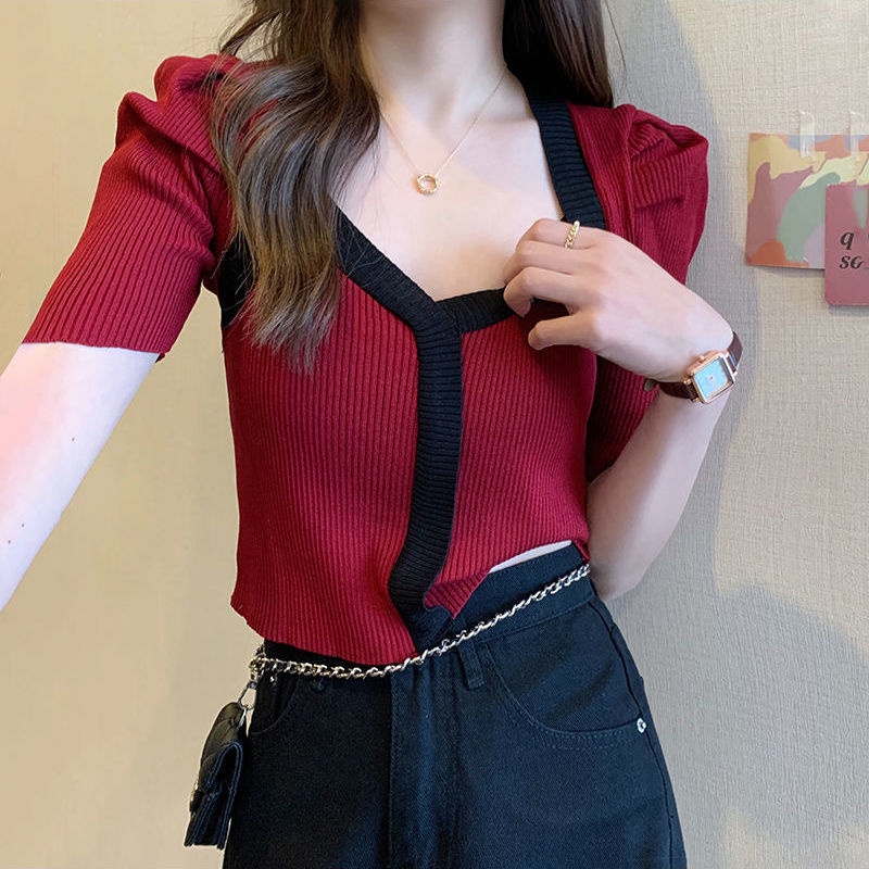 Áo Sweater Tay Phồng Ngắn Cổ V Màu Đen Thời Trang Mùa Hè Dành Cho Nữ 2022