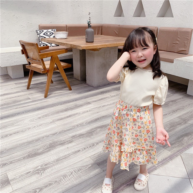 Áo thun tăm viền ren trẻ em bé gái cotton kiểu Hàn dễ thương 10-30kg ko