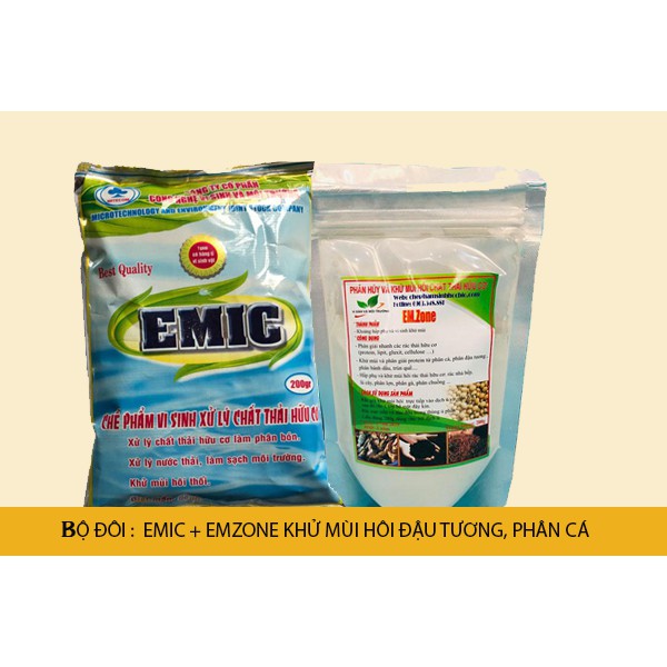 Combo bộ đôi chế phẩm sinh học EM(Emic)+Emzone. Xử lý thức ăn nhà bên, ủ mùi. Gói 200gr