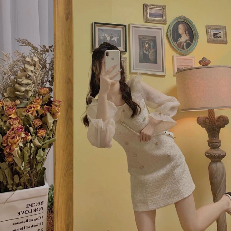 Váy Dạ Nữ 2 Lớp Tay Dài Phối Tơ Màu Be Siêu Xinh | BigBuy360 - bigbuy360.vn