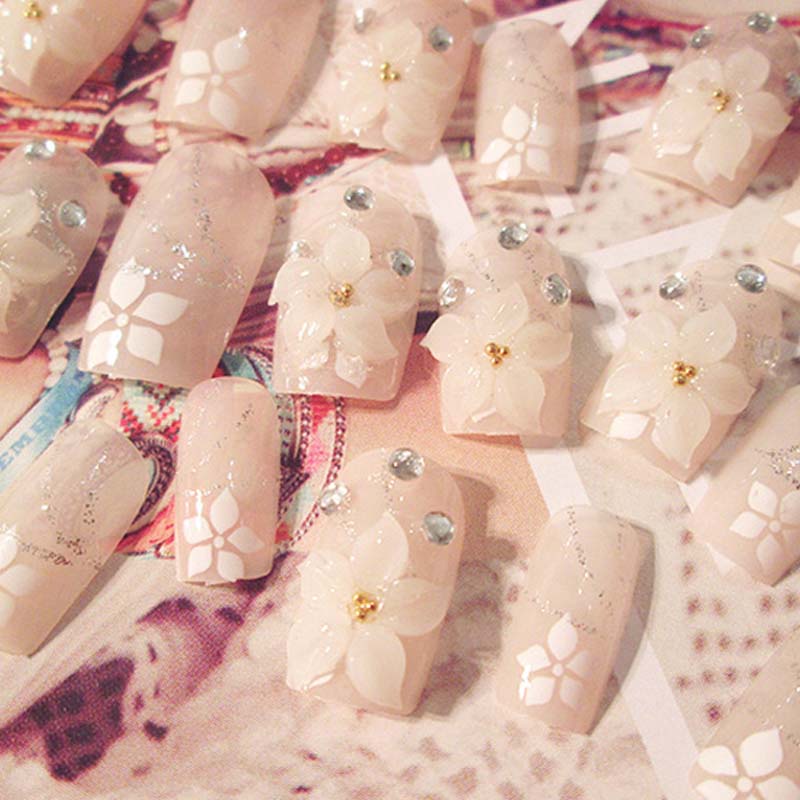 Set 24 móng tay giả đính hoa trang trí móng 3D cho  cô dâu