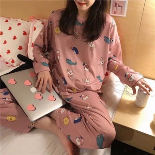 Bộ ngủ nữ quần dài áo dài cotton mặc ở nhà thun mùa thu hoạt hình dễ thương cute