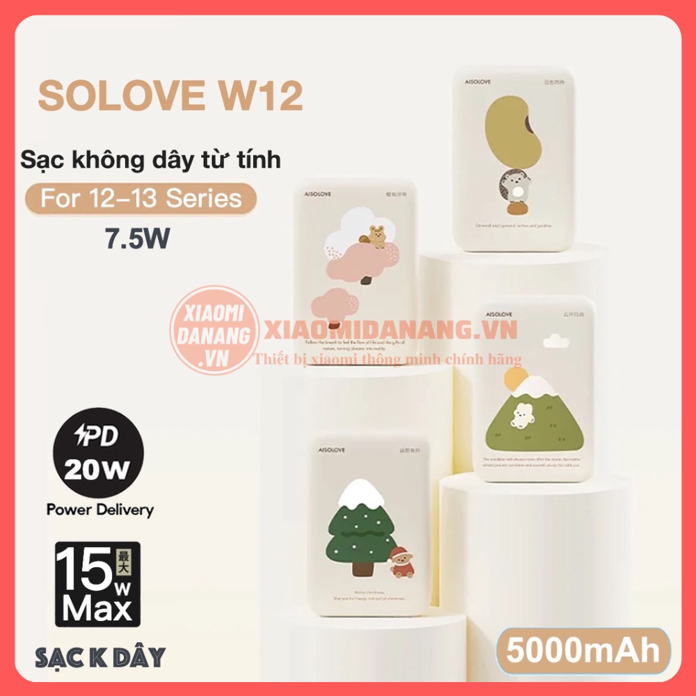Sạc Dự Phòng Không Dây PD 20W SOLOVE W12 5000mAh,Sạc không dây từ tính Max 15W