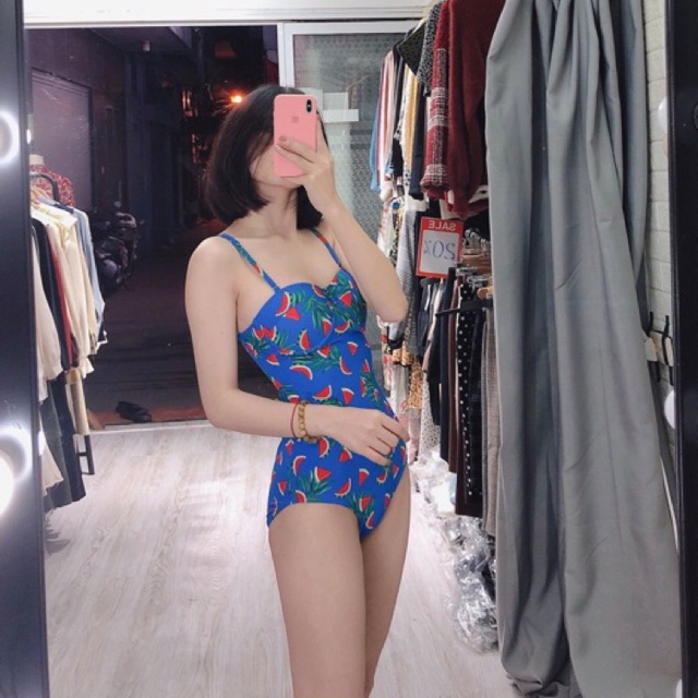 Bikini đồ bơi liền một mảnh chất thun co dãn họa tiết dưa hấu xanh mặc đi biển