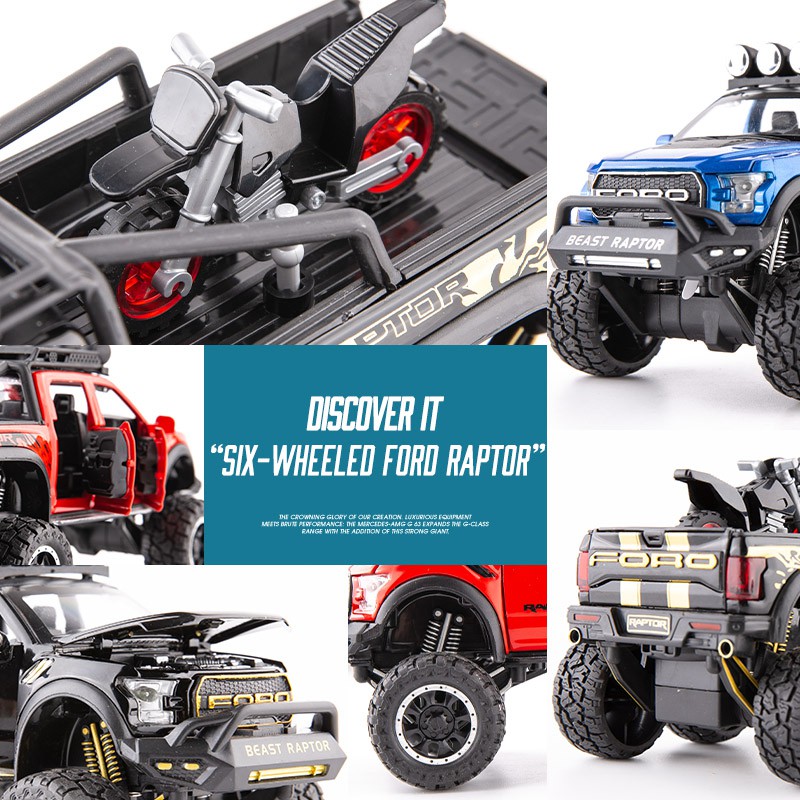 Mô phỏng xe bán tải địa hình sáu bánh hợp kim Ford Raptor F150 với mô hình xe mô tô đồ chơi cậu bé