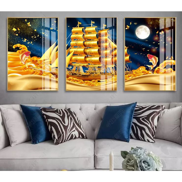Set bộ 3 tranh tráng gương hiện đại nai vàngCỰC ĐẸP CHẤT tranh treo tường trang trí phòng khách