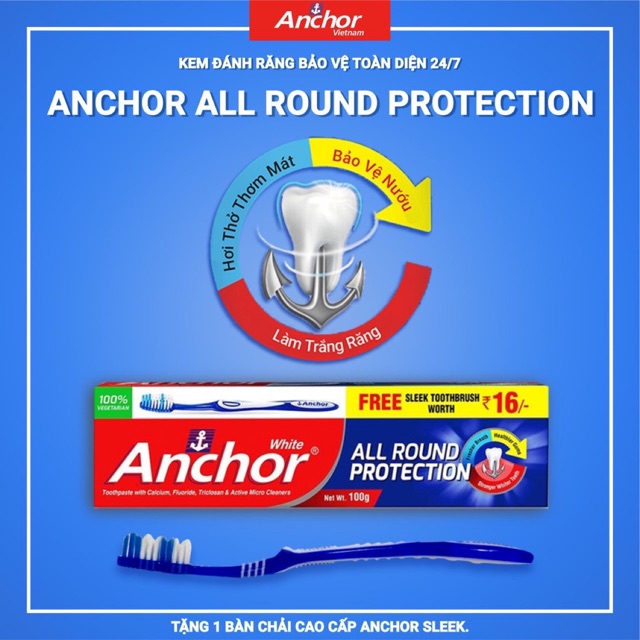 Kem đánh răng bảo vệ toàn diện 24/7 anchor all round protection tặng bàn chảy