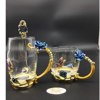 Cốc ( ly) thủy tinh enamel HOA HỒNG XANH- SONG NGƯ HOA THẢO TRÀ