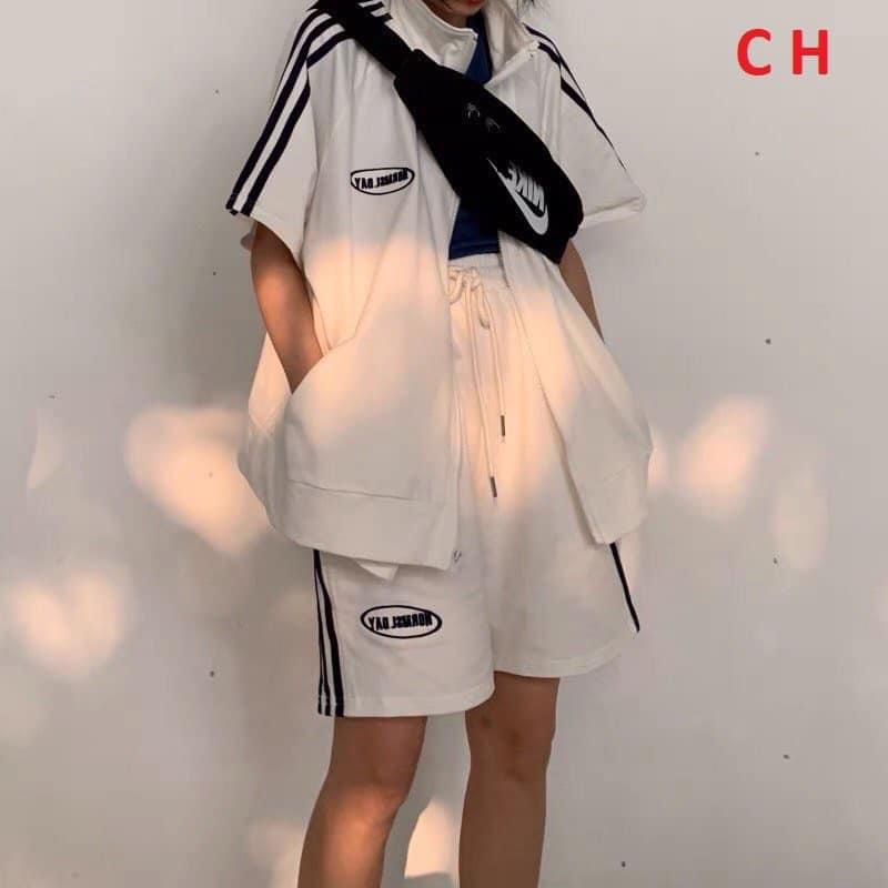 Bộ thể thao nam nữ unisex- sét áo cộc tay kèm quần đùi 3 sọc kéo khóa phong cách ULZZANG hàn quốc