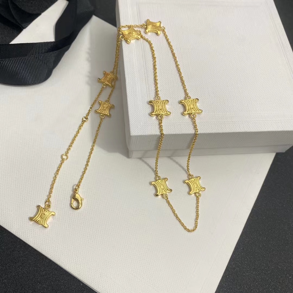 'Boutique Spot'C LOGO TRIOMPHE Vàng Hoàn thiện Brass Necklace Bracelet Set Hàn Quốc 2022 Mới tái tạo thanh lịch Vintage Thời trang Không phai cho phụ nữ B109/B050