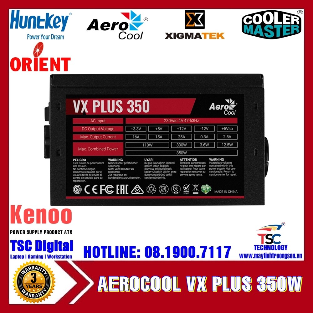 Nguồn Máy Tính AEROCOOL VX PLUS 600W 500W 350W 230V N-PFC | Có TTBH Tại Hà Nội & TPHCM