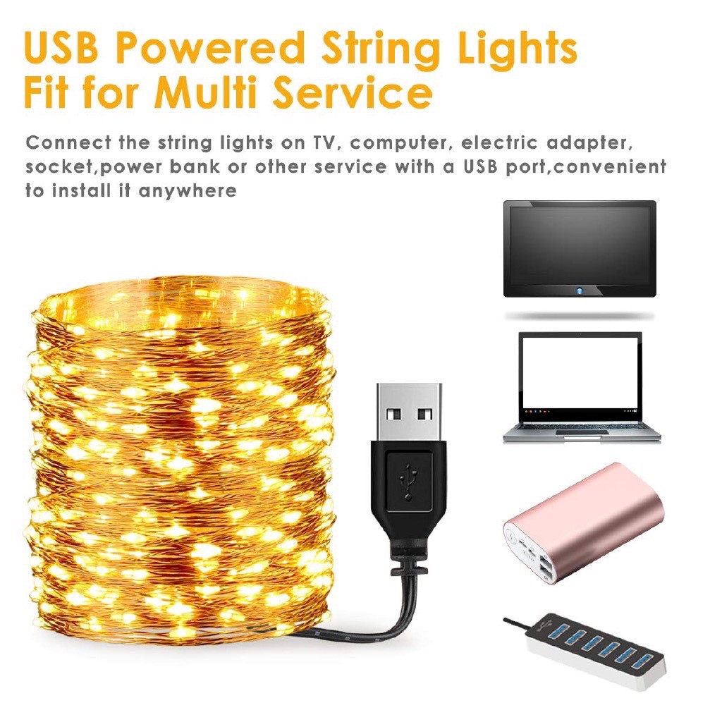 Dây Đèn Led Đom Đóm Dài 10 Mét 100 Bóng FairyLight Trang Trí Không Chớp Trang Trí Lều Trại, Góc Học Tập