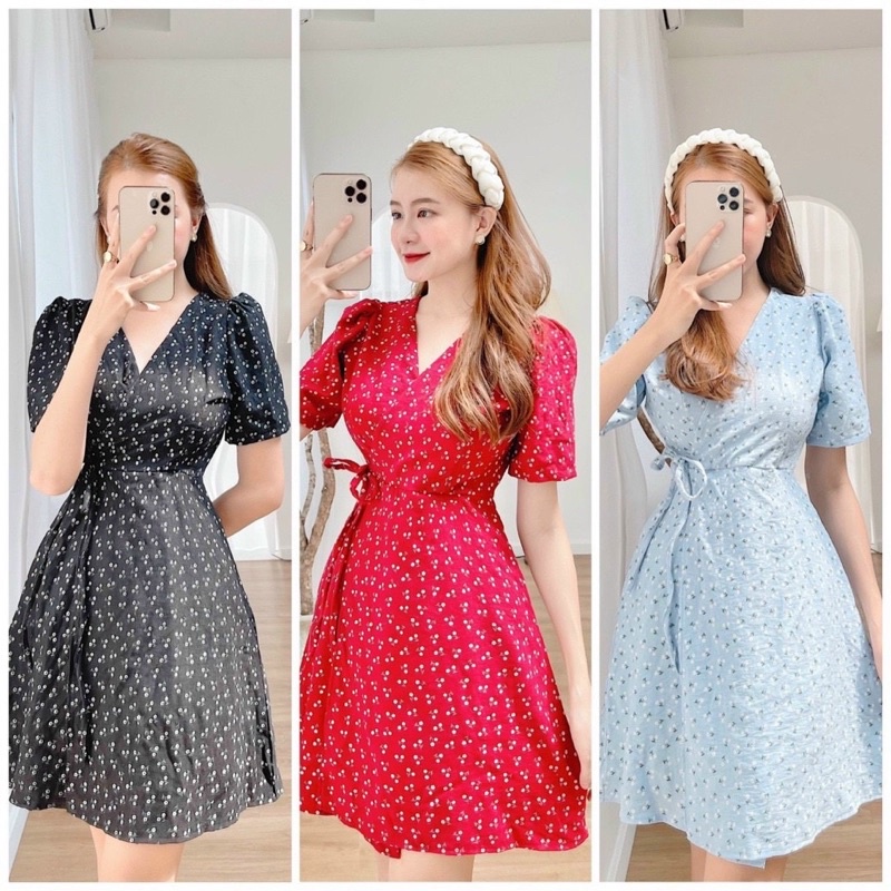 ĐẦM HOA XANH NHÍ ĐẮP CHÉO THẮT EO 3M(Có ảnh sàn thật💯)_Kims.House