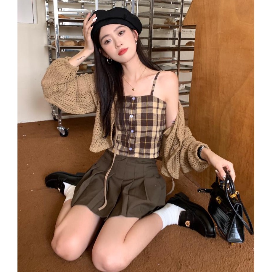 Áo Hai Dây Sọc Ca Rô / Áo Khoác Cardigan / Chân Váy Chữ A Dài Tay Lưng Cao Xếp Ly Thời Trang Retro Sành Điệu 54050