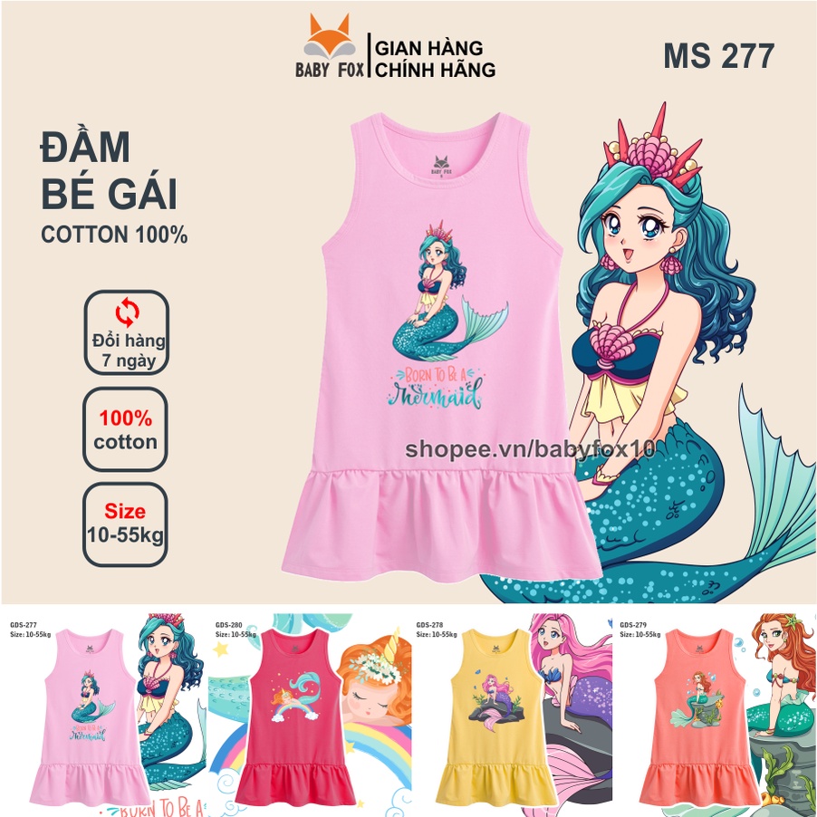 Váy đầm bé gái thun 100% cotton vải tốt, thương hiệu BABY FOX, in nàng tiên cá, size nhỏ, trung, đại c