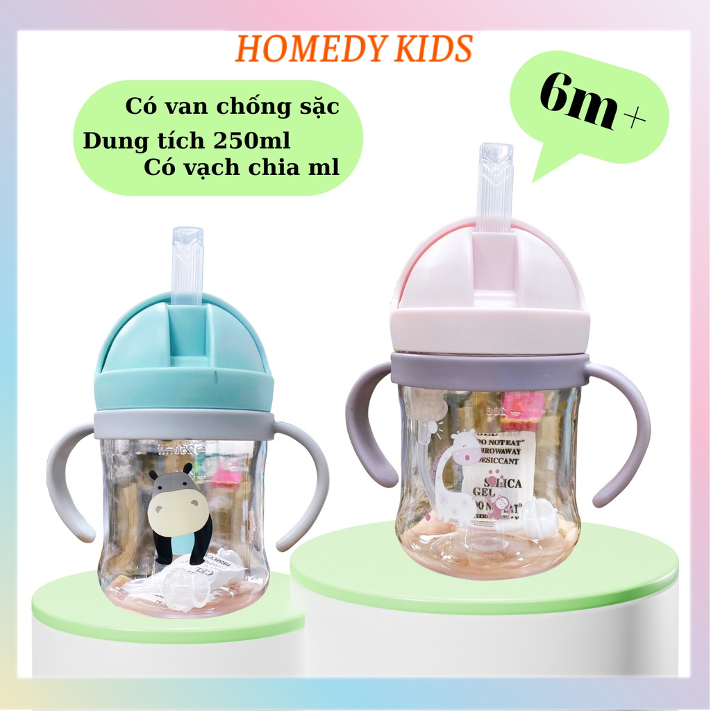 Bình nước tập uống có van chống sặc cho bé từ 6 tháng có tay cầm đi học đi chơi 250ml BN08 Homedy Kids