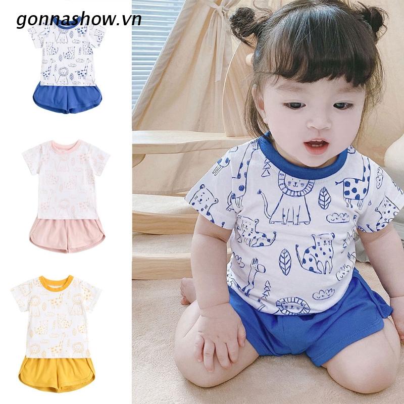 Set đồ mùa hè 2 món gồm áo thun tay ngắn in hình động vật hoạt hình + quần ngắn cho bé gái 0-4 tuổi