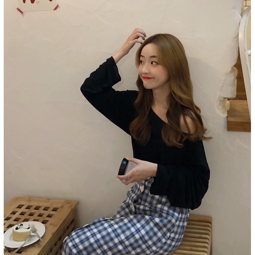 SUXI Áo thun tay dài màu trơn phong cách Hàn Quốc cho nữ