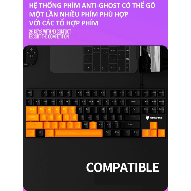 Bàn phím cơ mini chuyên game Blue Switch nút vuông 87 phím XUNFOX K80