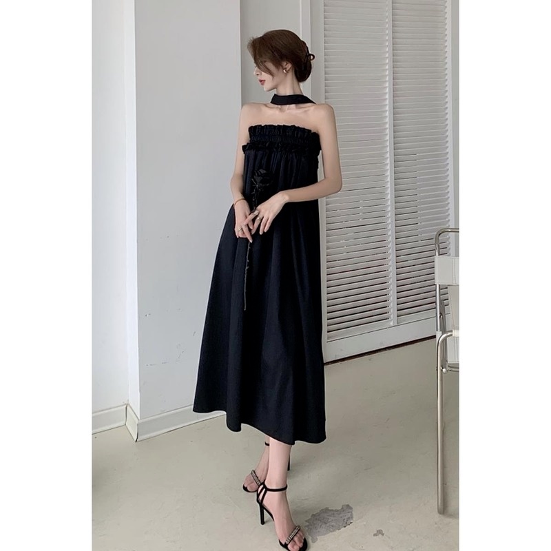 Đầm dài hở lưng màu đen phong cách Retro Hàn Quốc thời trang mùa hè cho nữ