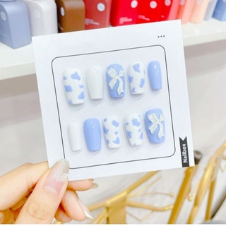 Nailbox móng tay giả màu xanh hoạ tiết phối nơ