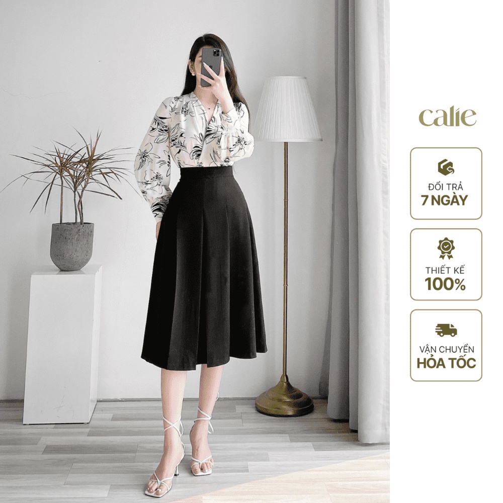 Chân váy xếp ly dài thời trang công sở dáng dài qua gối kiểu váy xòe midi cạp cao Calie CX007