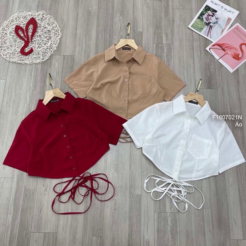 Áo sơ mi croptop cổ bẻ khoét hai eo cột dây kiểu TT1807