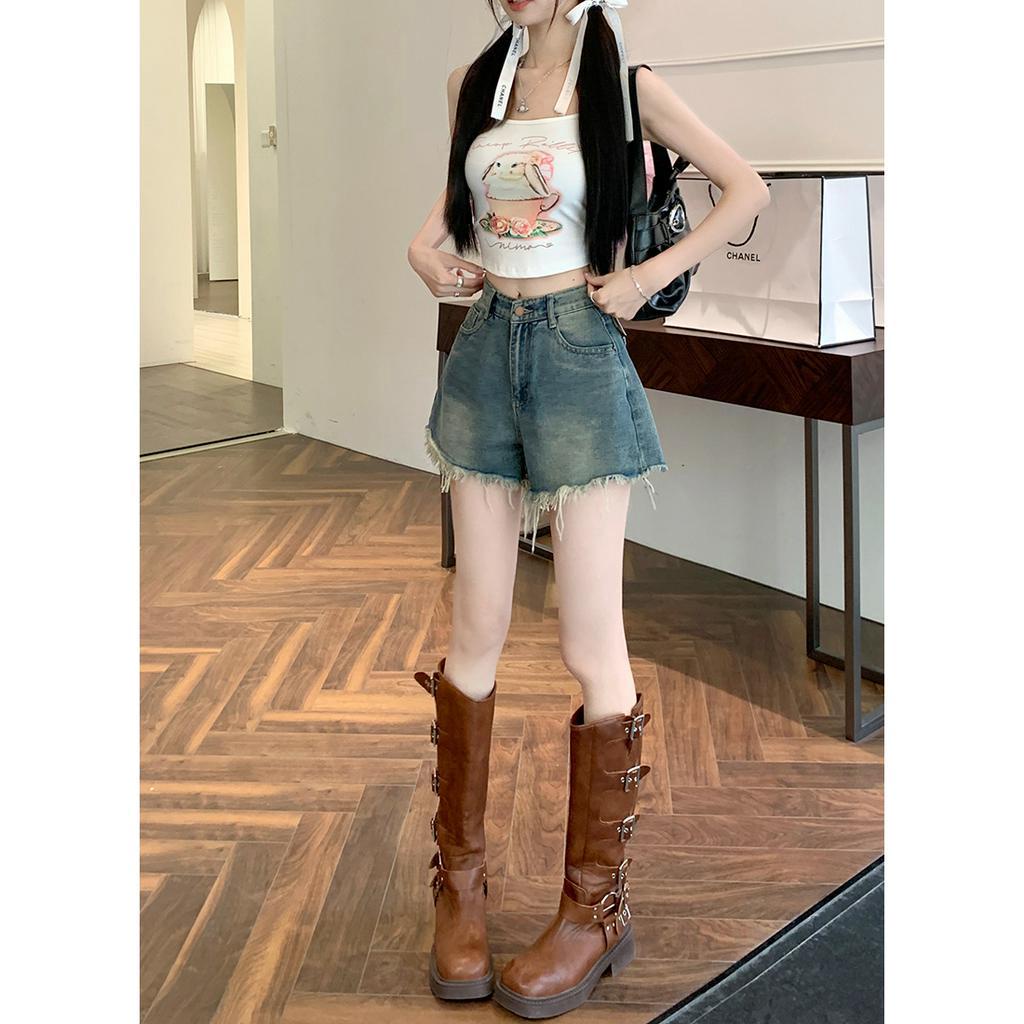 Quần Short denim Lưng Cao Phối Tua Rua Phong Cách retro