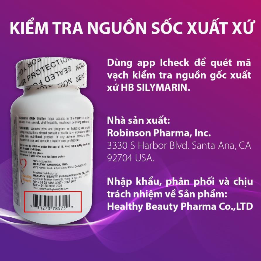 Viên Uống Bổ Gan HB Silymarin Milkthistle 1000mg Hỗ Trợ Tăng Cường Chức Năng Thải Độc Gan Hộp 100 Viên