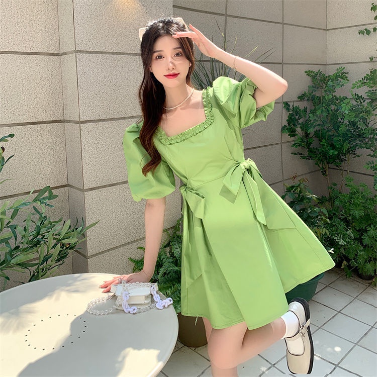 Đầm Tay Ngắn Cổ Vuông Dáng Rộng Thắt Nơ Phong Cách Hàn Quốc Thời Trang Cho Nữ