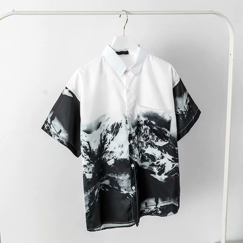 【lei19.vn】Men's Black and White Color Coordinating Short Sleeve Shirt