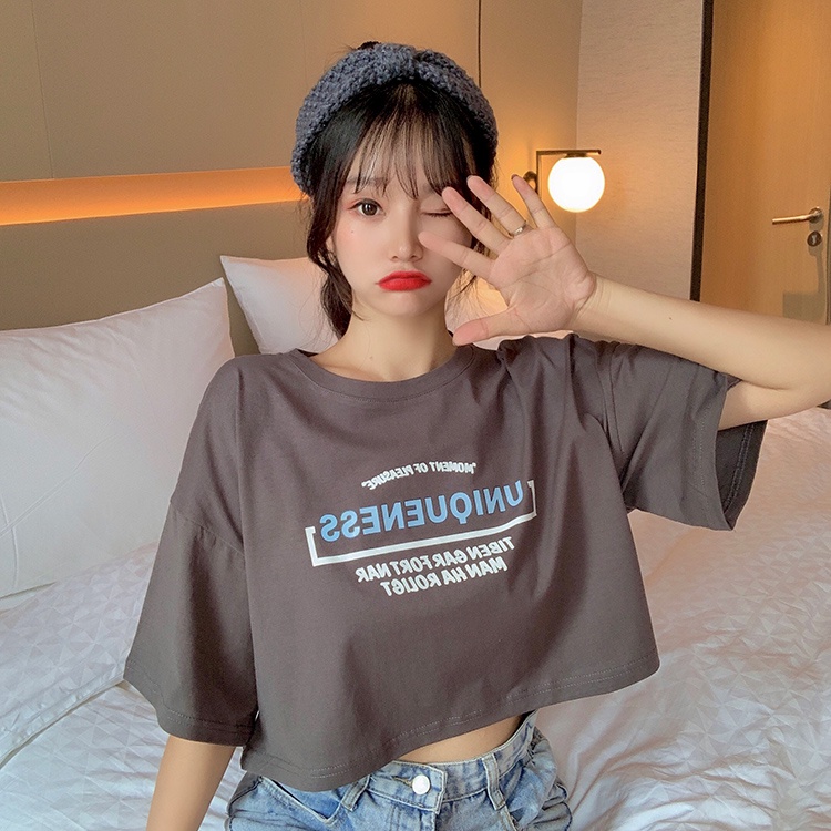 Áo croptop tay lỡ nữ in chữ uniqueness, áo thun nữ HLFashion