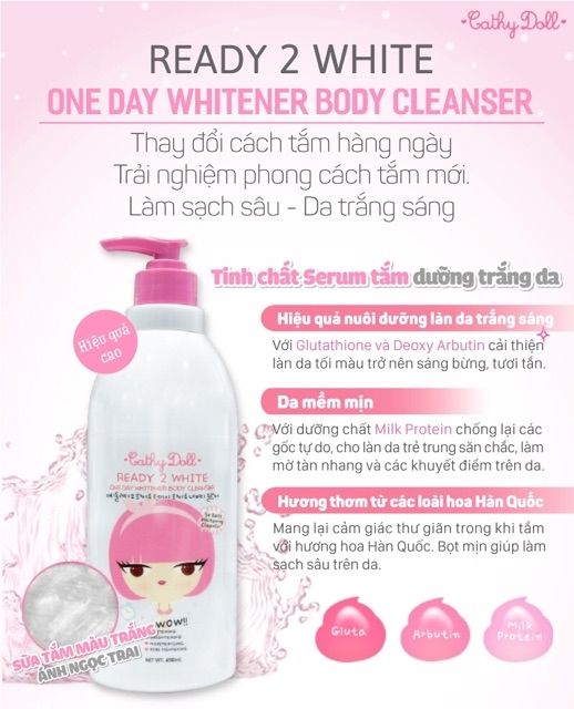 Sữa Tắm Trắng Da Cathy Doll Ready 2 White One Day Whitener Body Cleanser (450ml)