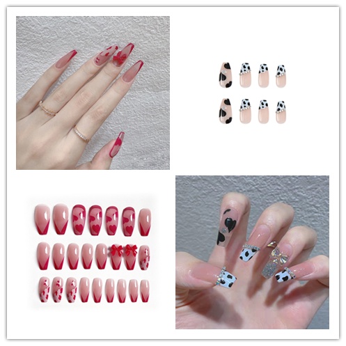 Bộ 24 Móng Tay Giả Họa Tiết Nơ/Trái Tim/Bướm Xinh Xắn
