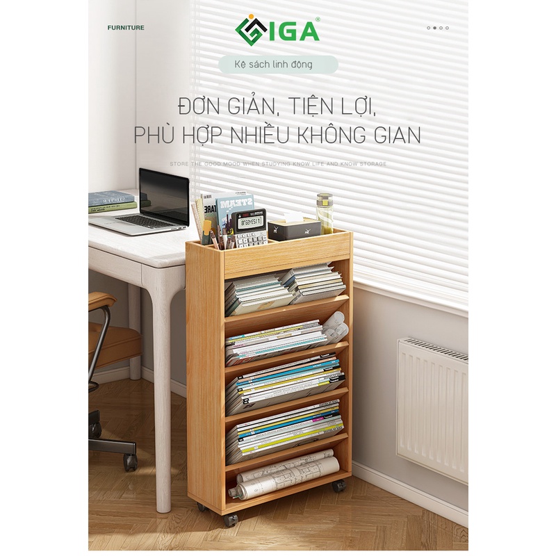 Kệ, giá sách bánh xe 5 tầng để văn phòng, cạnh bàn học thương hiệu IGA-GP189