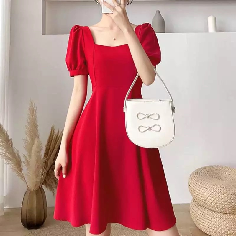Đầm Nữ Cổ Vuông Phong Cách Hàn Quốc Váy Dự Tiệc Thanh Lịch Tay Phồng