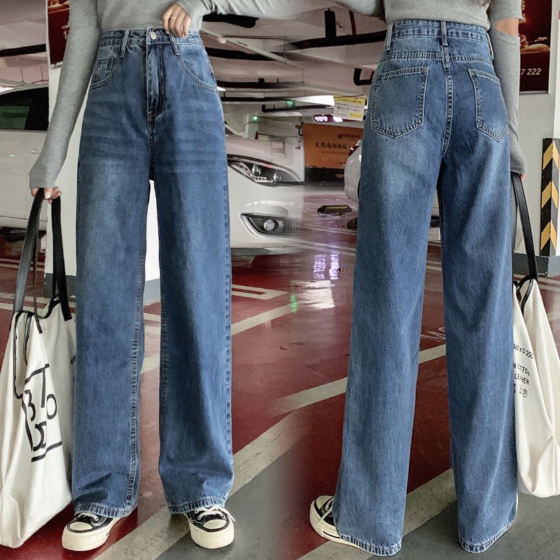 Quần jean 9002 ống rộng suông lưng cao màu xanh Dorastyle