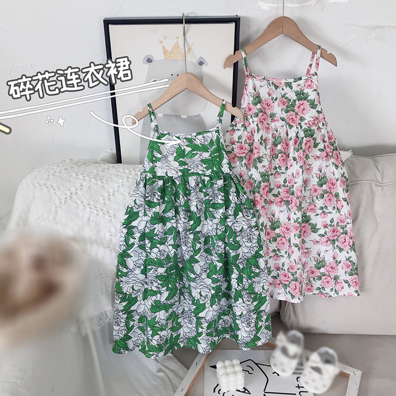 Đầm 2 dây hở lưng in hoa phong cách Hàn Quốc thời trang mùa hè cho bé gái