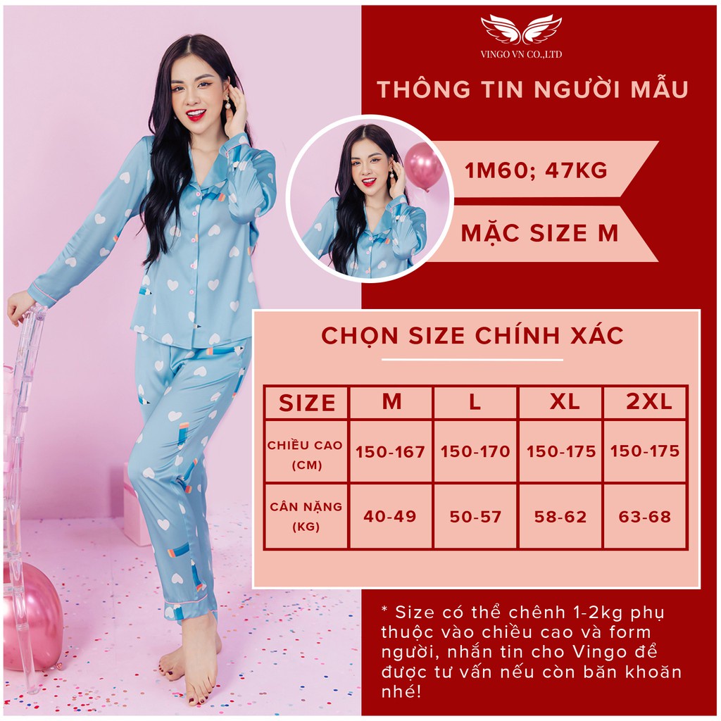 Đồ bộ nữ mặc nhà Pyjama VINGO Lụa Pháp cao cấp tay dài quần dài họa tiết hồng phối xanh mùa Thu Đông H553 VNGO - TDQD