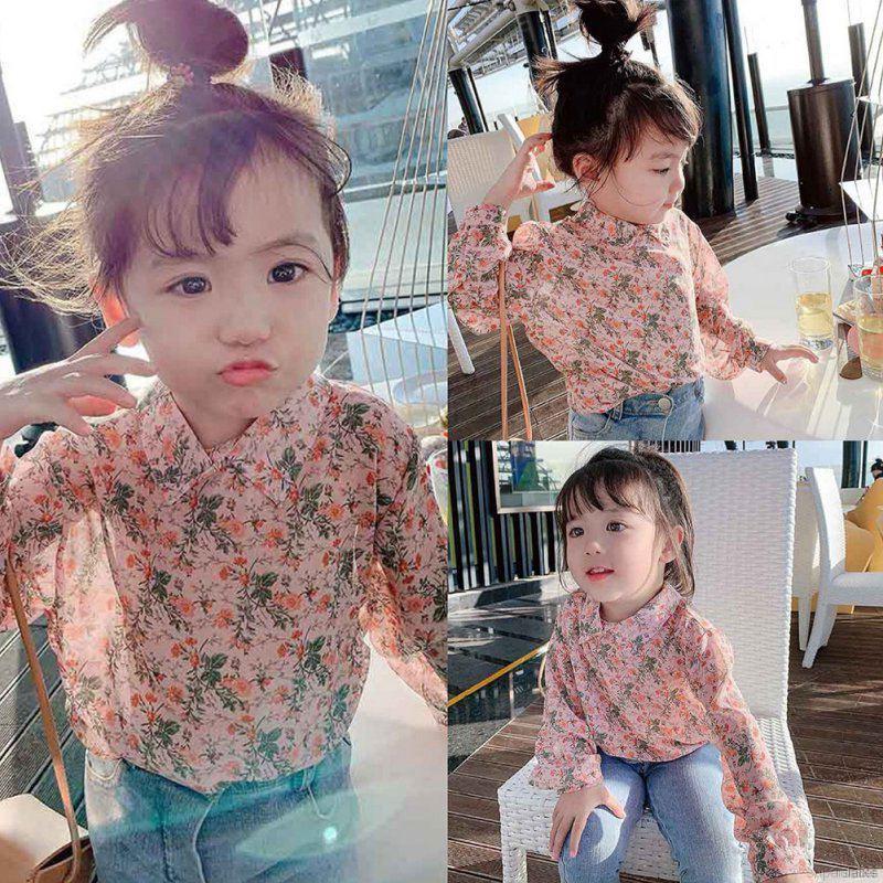 Áo Kiểu Chất Chiffon Tay Dài Hoạ Tiết Hoa Cho Bé Gái 1-8 Tuổi