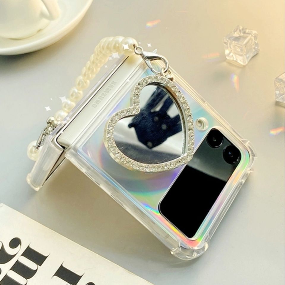 Bao Da Điện Thoại Nắp Gập Trái Tim Đính Đá Lấp Lánh Chống Sốc Gắn Kèm Gương Cho samsung galaxy z flip 4g 4 3 flip3 flip4 5g Ốp