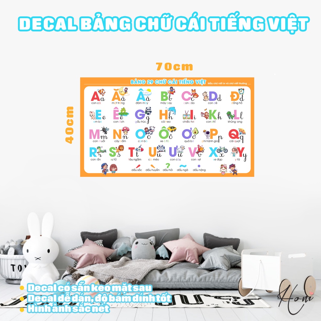 Decal Bảng chữ cái Tiếng Việt dán tường cho bé - 29 chữ cái tiếng việt