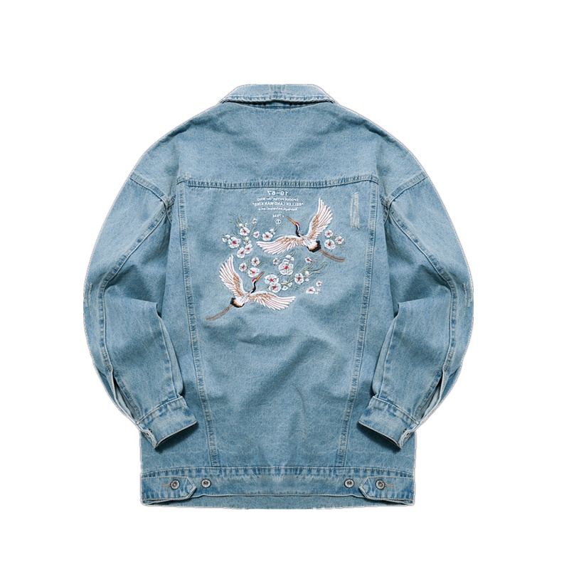 Áo khoác Denim dáng rộng thêu hoa và chim hạc kiểu Hàn Quốc cá tính cho học sinh