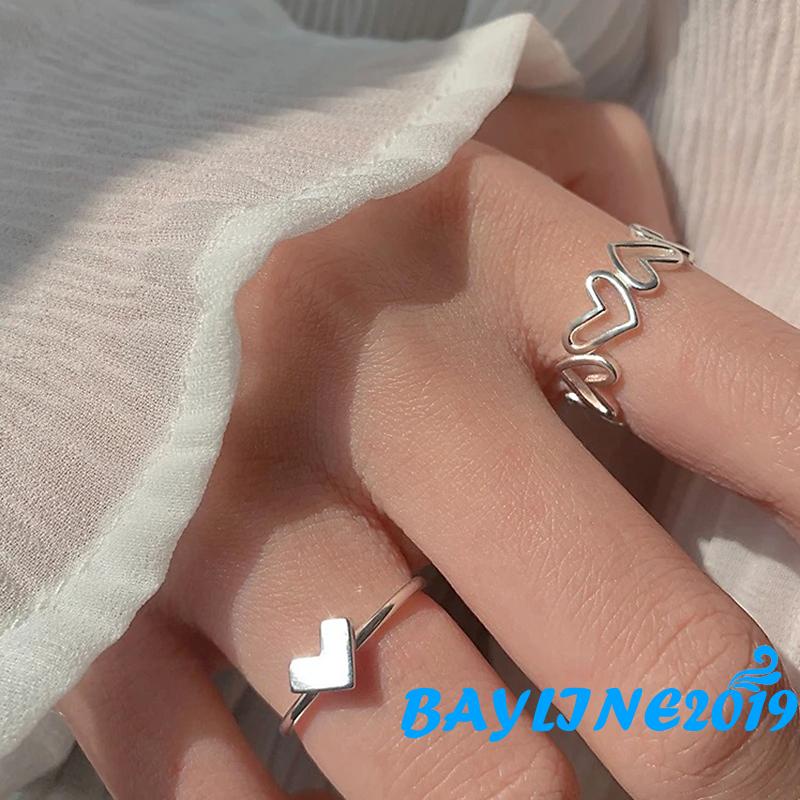 Set 2 nhẫn dạng hở điều chỉnh được kích thước trang trí trái tim thời trang dành cho nữ