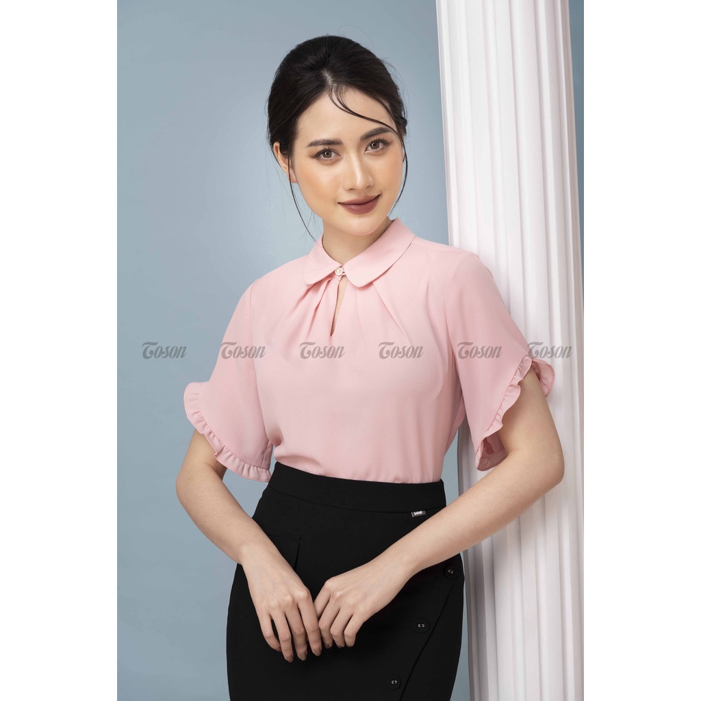 Áo sơ mi chiffon hồng cổ sen, tay lượn xếp bèo - TOSON - 11008P81